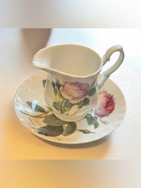 Roy Kirkham Redoute Roses Pattern Creamer and Saucer Set - White with Pink Roses